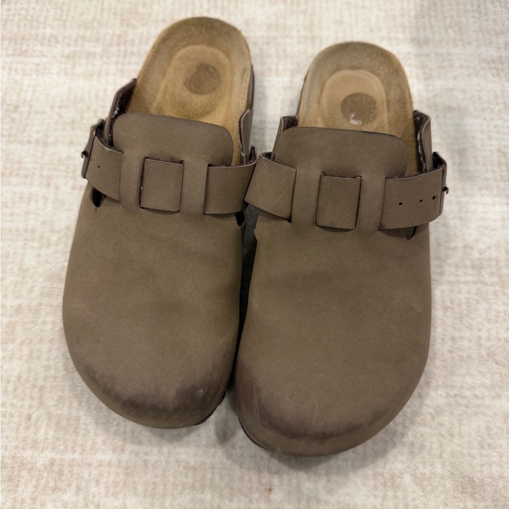 Women’s Brown Suede Mule Clog with Buckle Strap